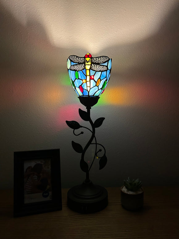 Tiffany Style torch table lamp Blue Stained Glass Dragonfly USB ports included LED bulb H20*W6 in