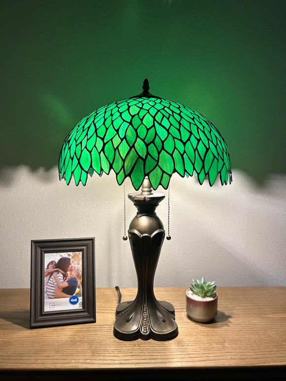 Tiffany Style Table Lamp Green Leaves Stained Glass 24