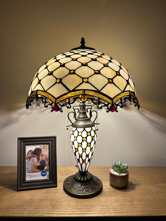 Tiffany Style Table Lamp Beige Stained Glass Mother-Daughter Vase Included LED Bulbs Vintage for Living Room Dining Room Bedroom Bedside Office Hotel H24*W16 in…