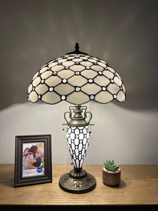 Tiffany Style Table Lamp White Stained Glass Crystal Beans Included LED Bulbs Mother-Daughter Vase Vintage for Living Room Dining Room Bedroom Bedside Office Hotel H24*W16 in…