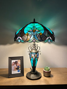 Tiffany Style Table Lamp Green Stained Glass Included LED Bulbs Mother-Daughter Vase Vintage for Living Room Dining Room Bedroom Bedside Office Hotel H24*W16 in…