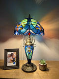 Tiffany Style Table Lamp Blue Stained Glass Included LED Bulbs Mother-Daughter Vase Vintage Liaison Lamp for Living Room Dining Room Bedroom Bedside Office Hotel H22*W12 in…