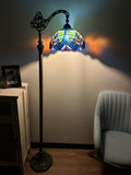 Tiffany Style Floor Lamp Blue Stained Glass Included LED Bulb Gooseneck Adjustable Vintage H63