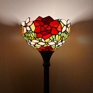 Enjoy Tiffany Style Torch Floor Lamp Stained Glass Rose Flowers Vintage EF1203