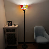 Enjoy Tiffany Style Torch Floor Lamp Stained Glass Rose Flowers Vintage EF1203