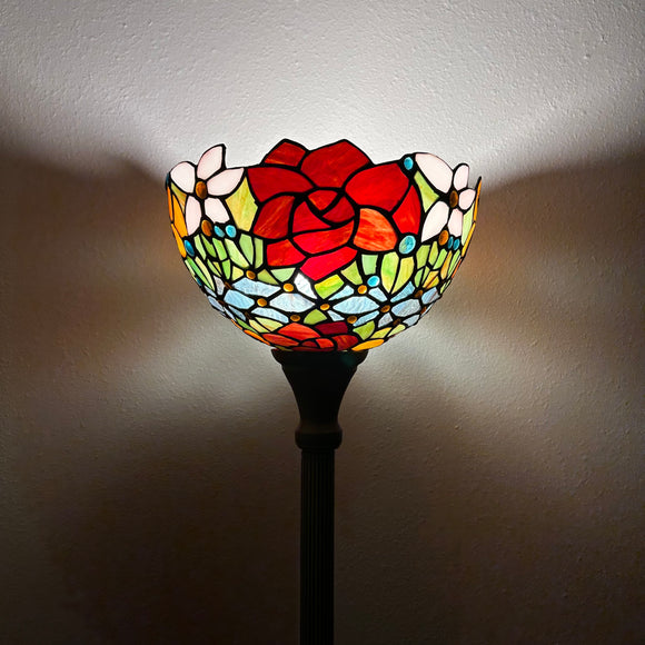 Enjoy Tiffany Style Torch Floor Lamp Stained Glass Rose Flowers Vintage EF1203