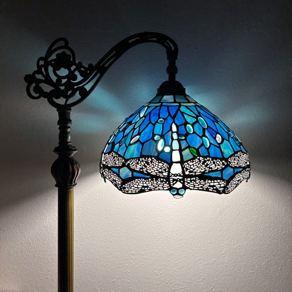 Enjoy Tiffany Style Floor Lamp Dragonfly Blue Stained Glass Gooseneck Adjustable Vintage H63 In