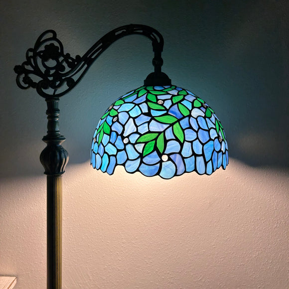 Enjoy Tiffany Style Floor Lamp Blue Stained Glass Green Leaves Gooseneck Adjustable Vintage EF1252