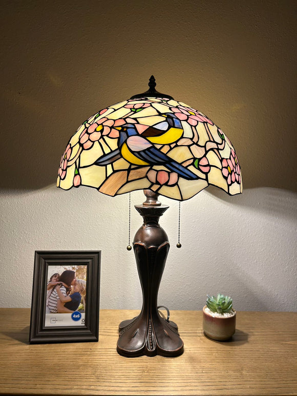 Enjoy Tiffany Style Table Lamp Stained Glass Magpie Bird Cherry Vintage ET1635  H24*W16 inch