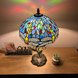 Tiffany Style Table Lamp Blue Stained Glass Dragonfly Include LED Bulb H22*W12 In