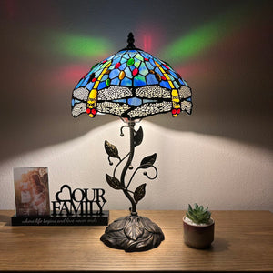 Tiffany Style Table Lamp Blue Stained Glass Dragonfly Include LED Bulb H22*W12 In