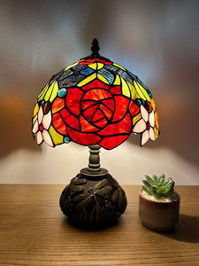 Enjoy Tiffany Style Table Lamp Stained Glass Rose Flowers Include LED Bulb ET1003-B H14*W10 In