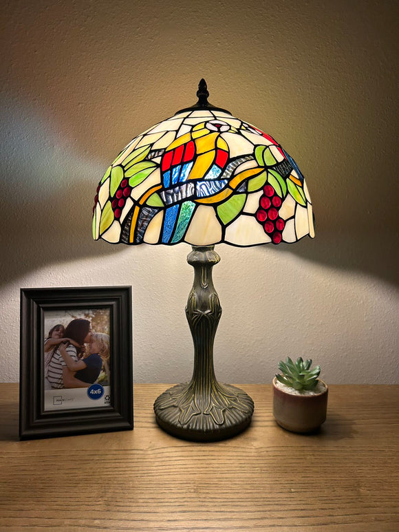 Enjoy Tiffany Style Table Lamp Stained Glass Parrots Grape Vintage ET1274