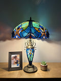 Tiffany Style Table Lamp Blue Stained Glass Included LED Bulbs Mother-Daughter Vase Vintage Liaison Lamp for Living Room Dining Room Bedroom Bedside Office Hotel H24*W16 in…