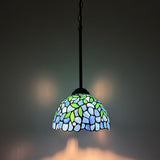 Tiffany Style Mini Hanging Lamp Blue Stained Glass Green Leaves LED Bulb Included EP0851