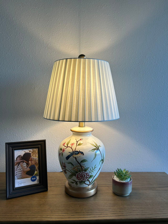 Ceramic Table Lamp Bird Flowers Light Blue for Living Room Dining Room Bedroom Bedside Office Hotel H22*W12 Inches