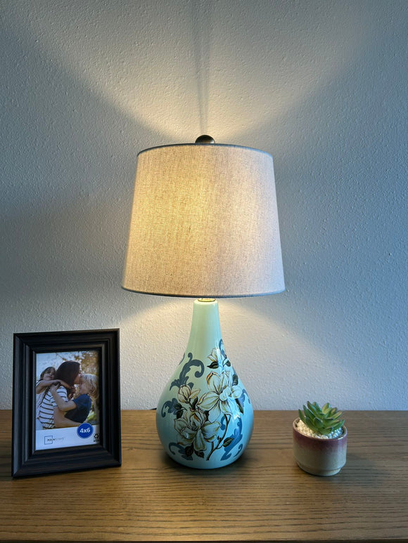 Ceramic Table Lamp Flowers Blue for Living Room Dining Room Bedroom Bedside Office Hotel H20*W10 Inches