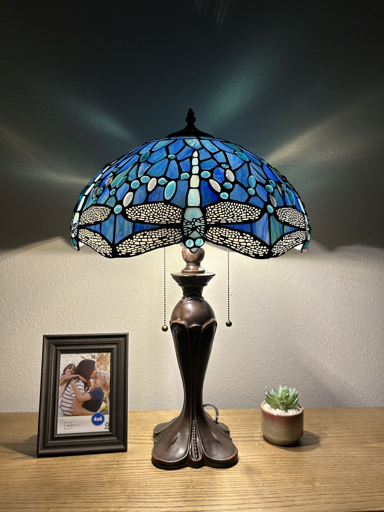 Enjoy Tiffany Style Table Lamp Blue Stained Glass Dragonfly ET1607