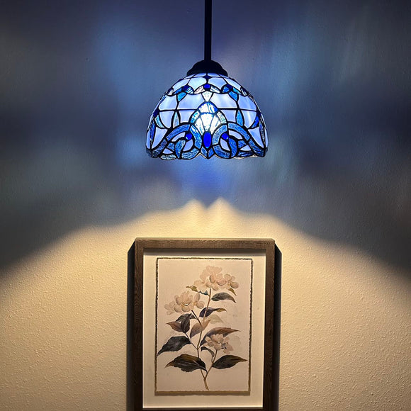 Tiffany Style Mini Hanging Lamp Blue Stained Glass Baroque Style LED Bulb Included EP0818