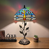 Tiffany Style Table Lamp Blue Stained Glass Dragonfly Include LED Bulb H22*W12 In