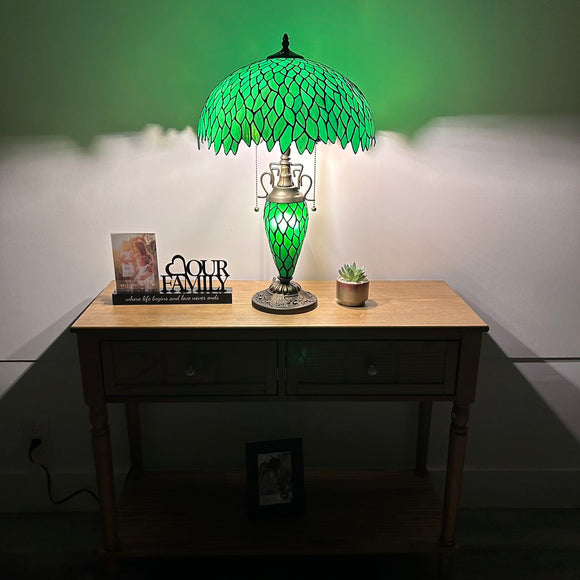 Tiffany Style Table Lamp Green Leaves Stained Glass24