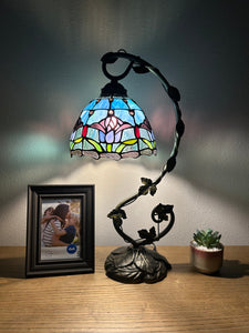 Enjoy Tiffany Style Table Lamp Tulip Blue Stained Glass Vintage H21*W11 In ET0855