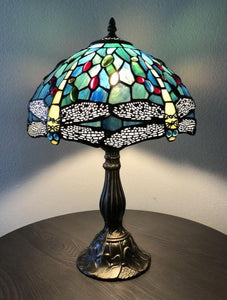 Tiffany style table lamp Green Blue Stained Glass Dragonfly ET1210